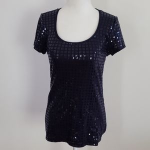 White House Black Market Navy Sequin Cutout Top